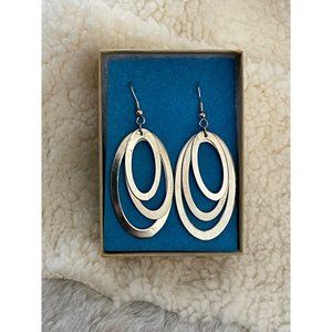 Silver Tone Triple Ring Oval Shape Pierced Dangle Earrings